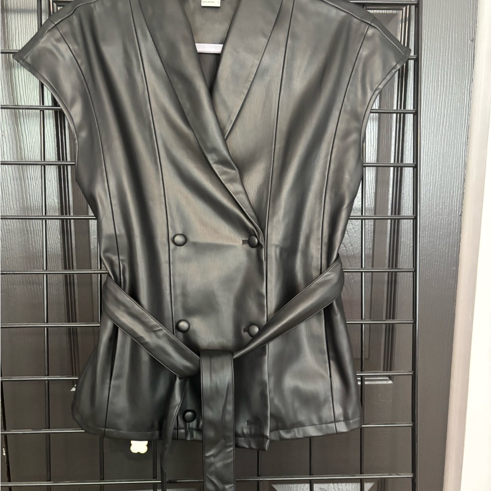 Black Vegan Leather Jacket with Belted Waist and Cap Sleeves